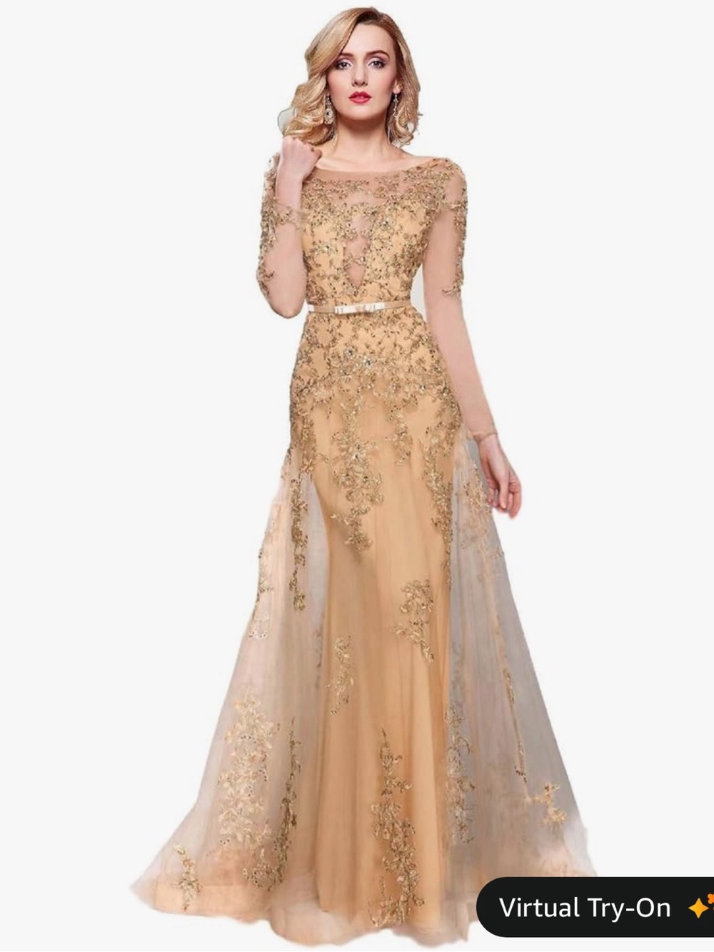 Elegant Gold Embroidered Evening Gown - Sheer Sleeve Formal Dress